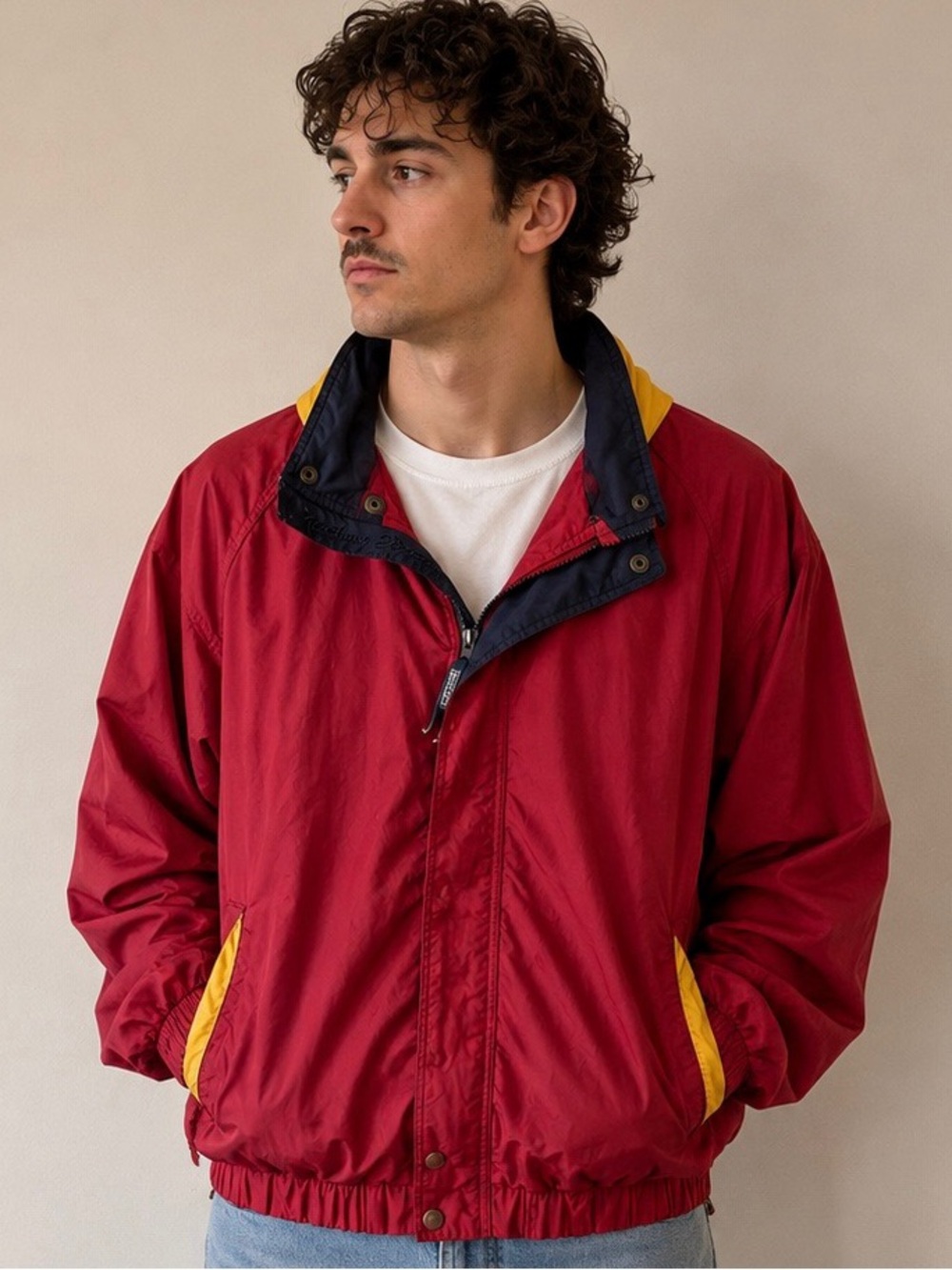 Men's Northern Elements Red Windbreaker Jacket with Yellow Trim and Navy Collar